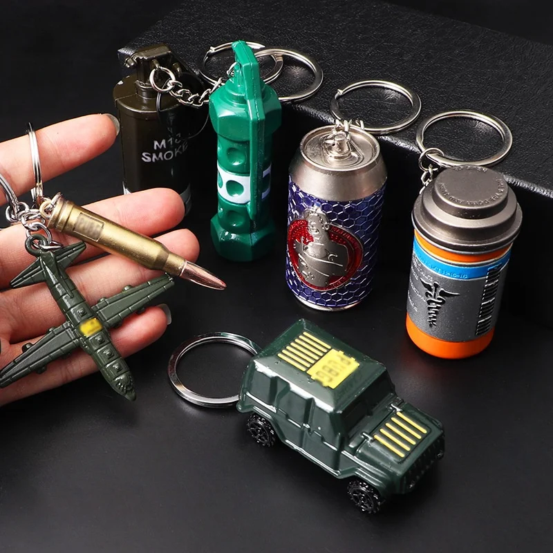 Amazon Hot Metal Game Weapon Equip Zinc Keychain Pan Bullet Skydiving backpack Smoke bomb Debris grenade energy drink