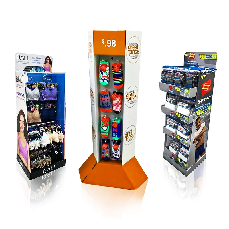 cardboard clothing display T-shirts cardboard rack sock display stand 4 tier point custom cardboard display of purchase bin
