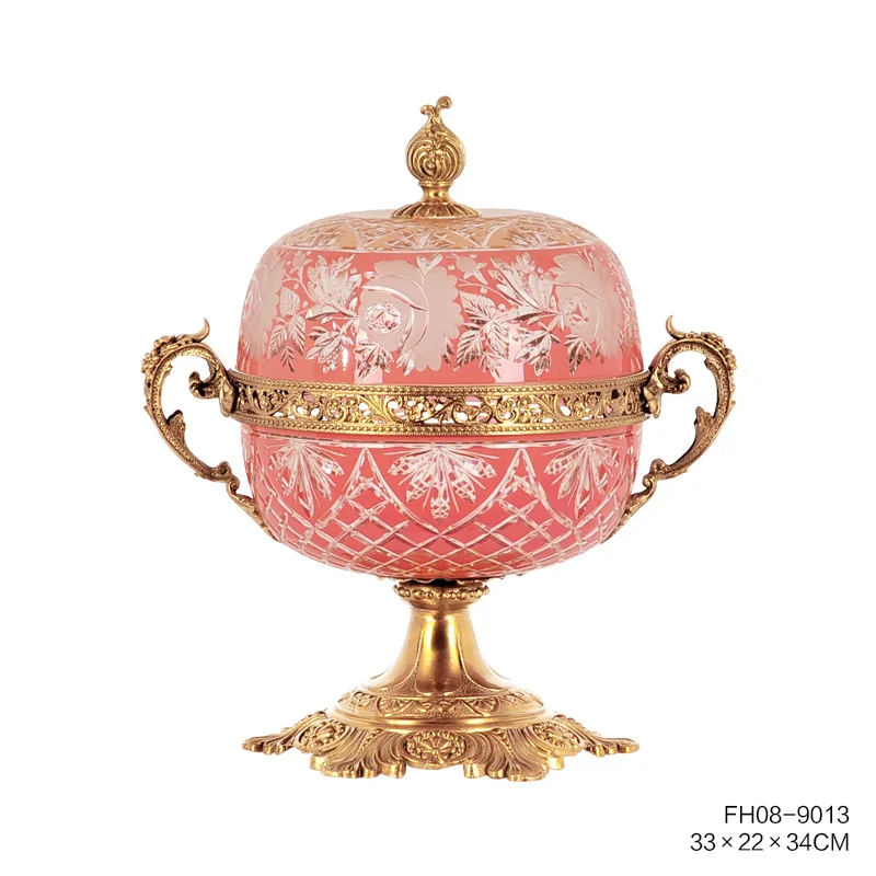 The Pink Glass Pieces with Gold Colored Brass with Design Bowl Vase with Lid for Living Room Home Decoration Ornament