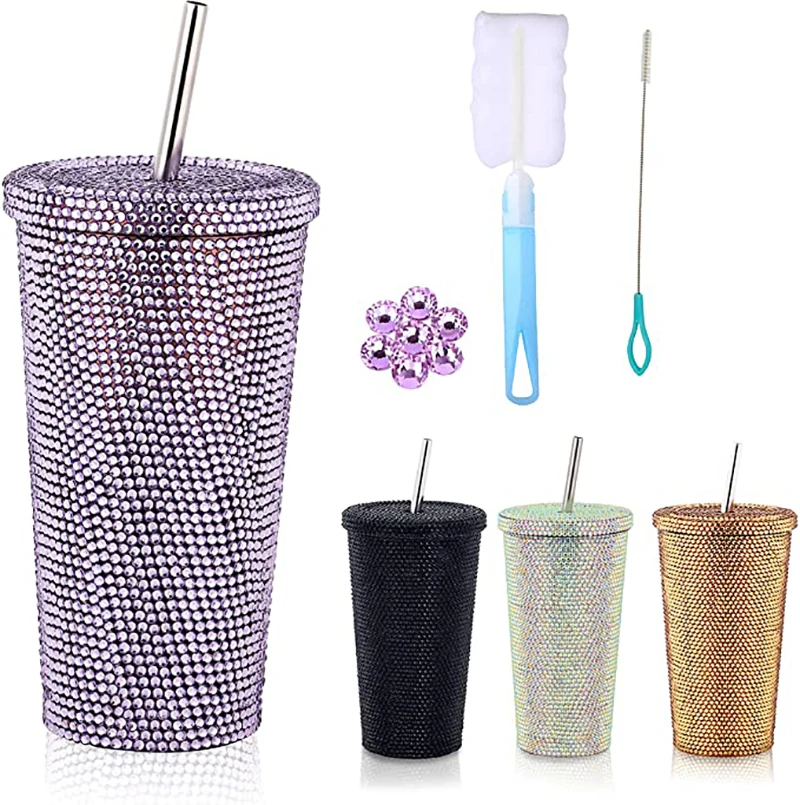 Bling Rhinestone Diamond Tumbler Glitter Water Bottle with Lid Stainless Steel Vacuum Thermal Straw  fancy vacuum tumbler