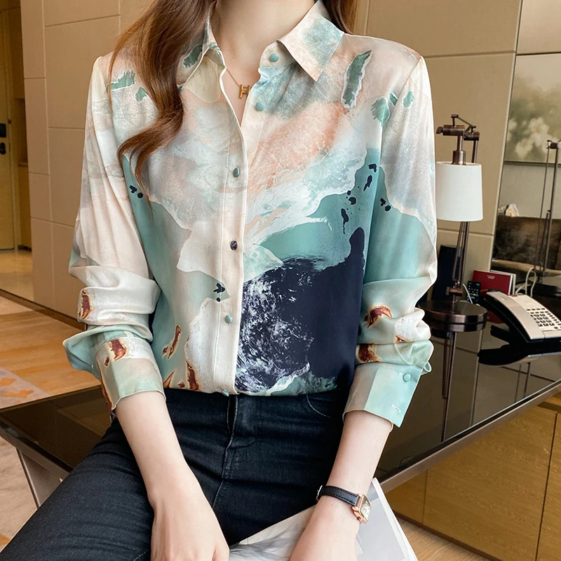 Spring Autumn Fashion Mulberry Silk Polo Gradient Ramp Long Sleeve Blouse Shirt Women Chic Contrast Color Work Shirts Ladies