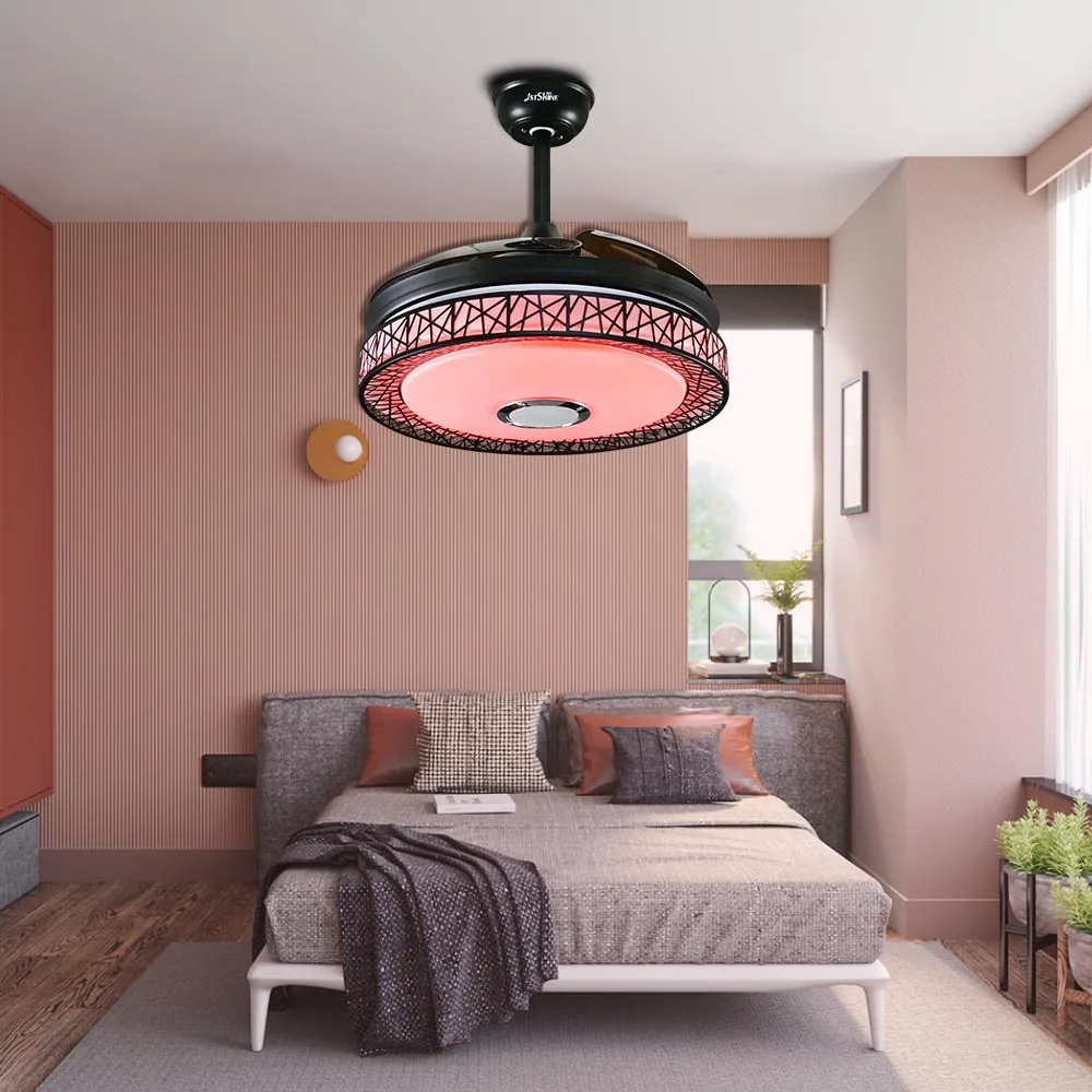  1stshine Modern European High Quality 220V Remote Control 3 ABS Hidden Blades 48W LED Music Ceiling Fans With