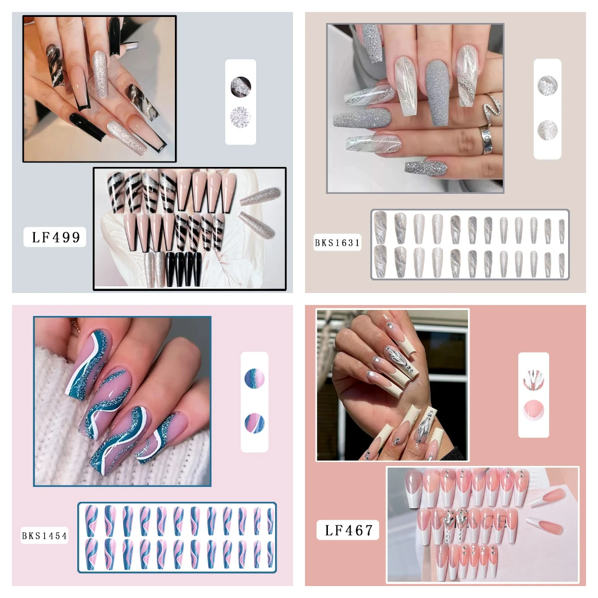 Nail Art Supplies Long Coffin Wearable Artificial Fingernails Gray White Marbling Press On Nails Flash Powder Fake Nails 24pcs