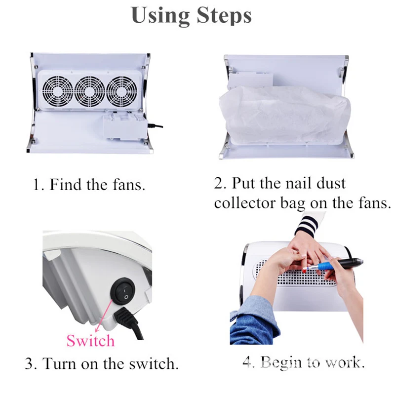 Adjustable speed Nail Dust Collector Vacuum Cleaner 3 Fan 2 Dust Collecting Bags 40W Electric Nail Dust Collector
