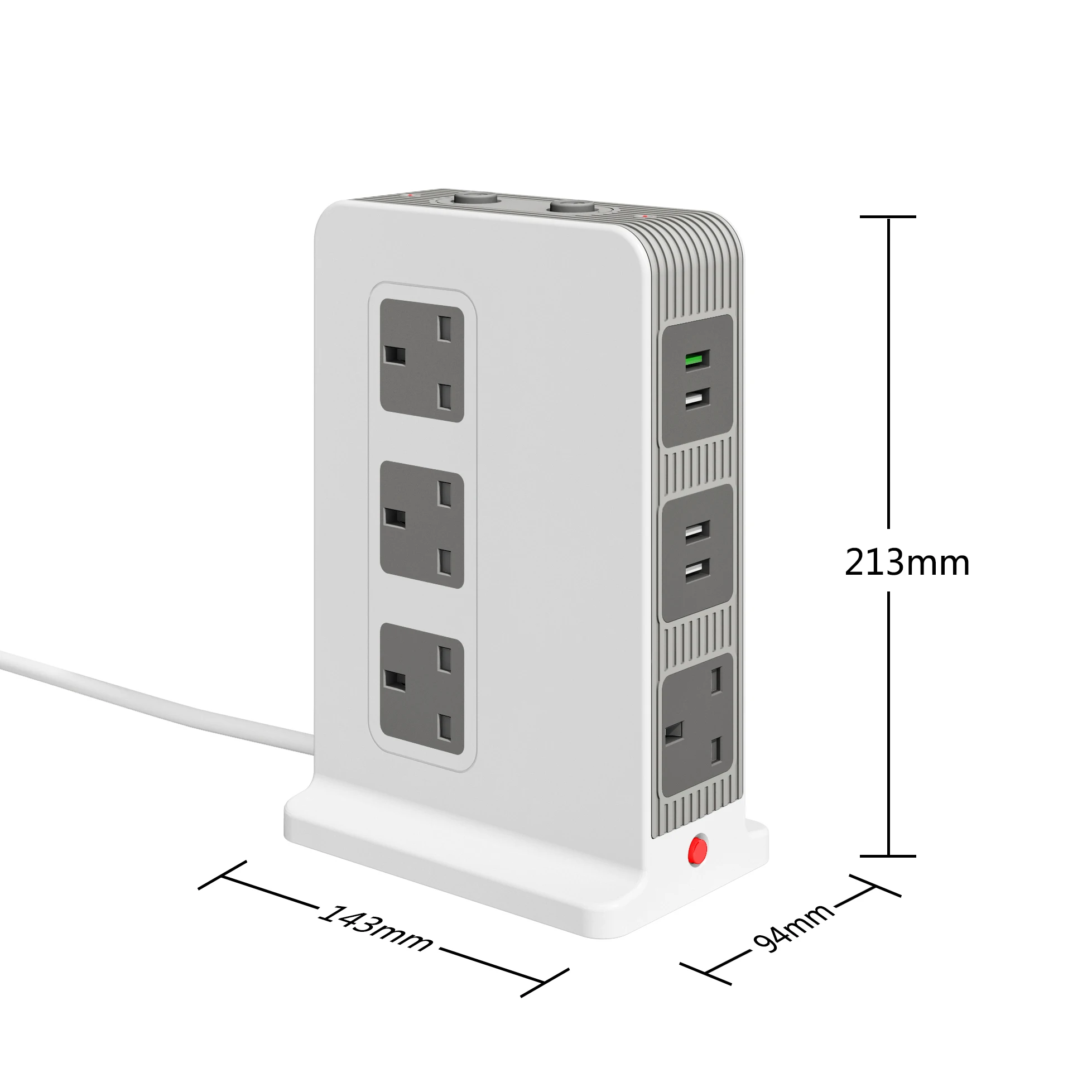 3 USB-A 1 QC Port Electric Socket With AC Outlet Power Switch Tower Extension Lead Uk Pin Plug And Cable