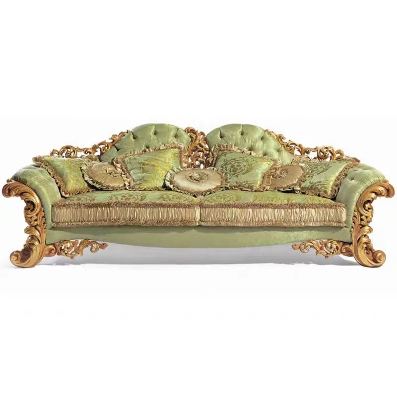 GUA Factory Hand-Carved Baroque French Chesterfield Gold Sofa Set Light Green Fabric Palace Retro Pearl Shell Design Living Room