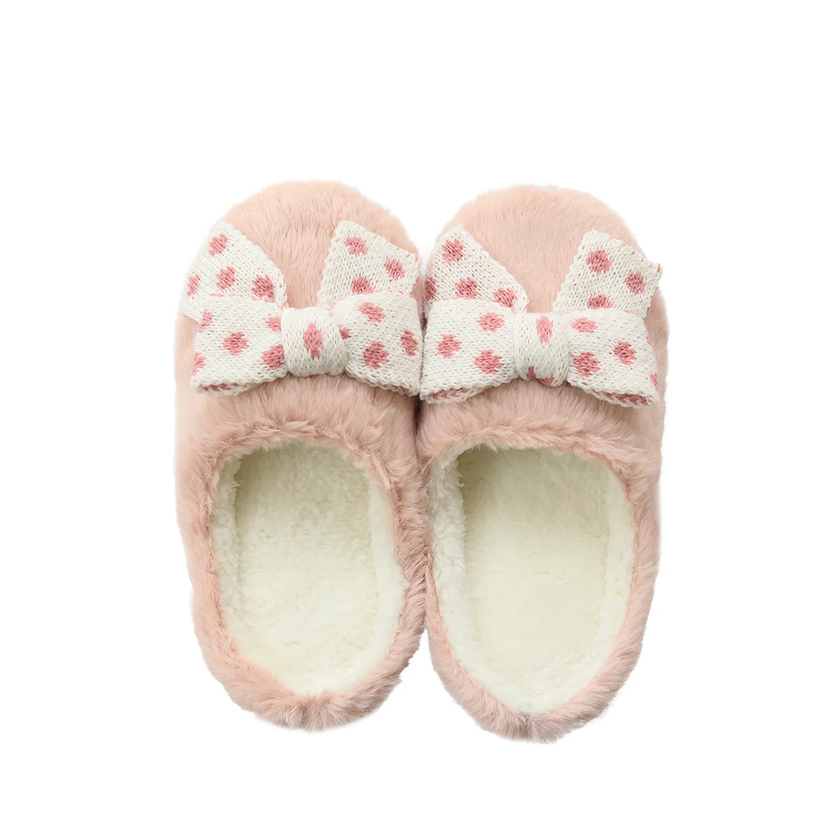 Autumn-Winter Japanese Wave Bow Slippers Warm and Non-Slip Indoor Home Slippers Styled with Fur and PVC Lining Canvas Upper