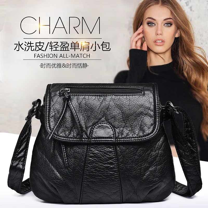 Black Small Messenger Women Bag Soft Washed PU Leather Crossbody Female Handbag Purses lady bag