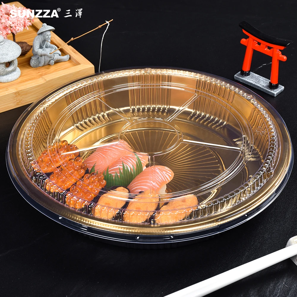 Sunzza popular disposable large round plastic sushi container takeaway food packaging dessert PET deep tray with shallow lid