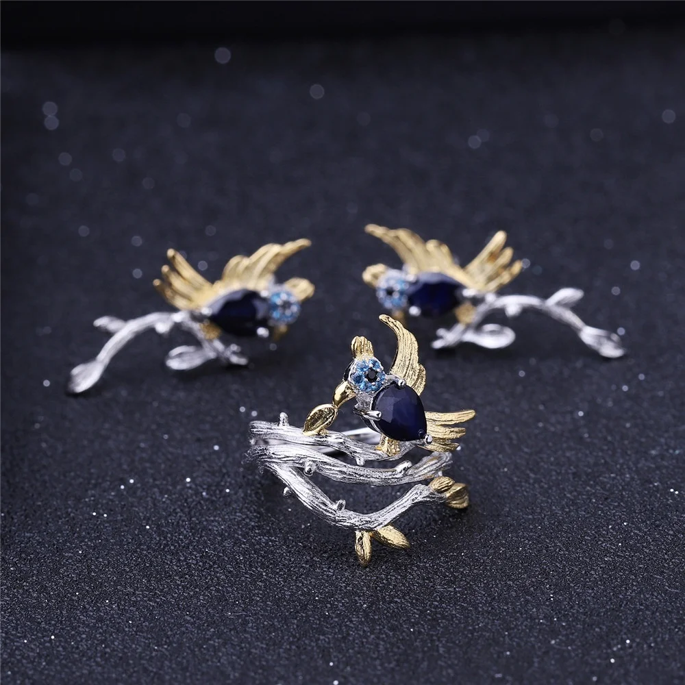 C7771 Abiding Cute Natural Blue Sapphire Gemstone 925 Sterling Silver Animal Bird Jewelry Set