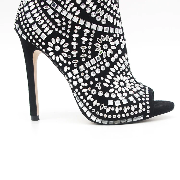 Black patterned diamond-studded ankle boots for ladies Black elegant stylish lady high-heeled ankle boots