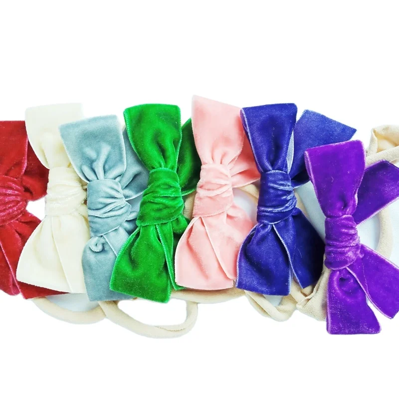 Fashion Nylon Soft Korean Velvet Ribbon Bow  With Elastic  Hair Band