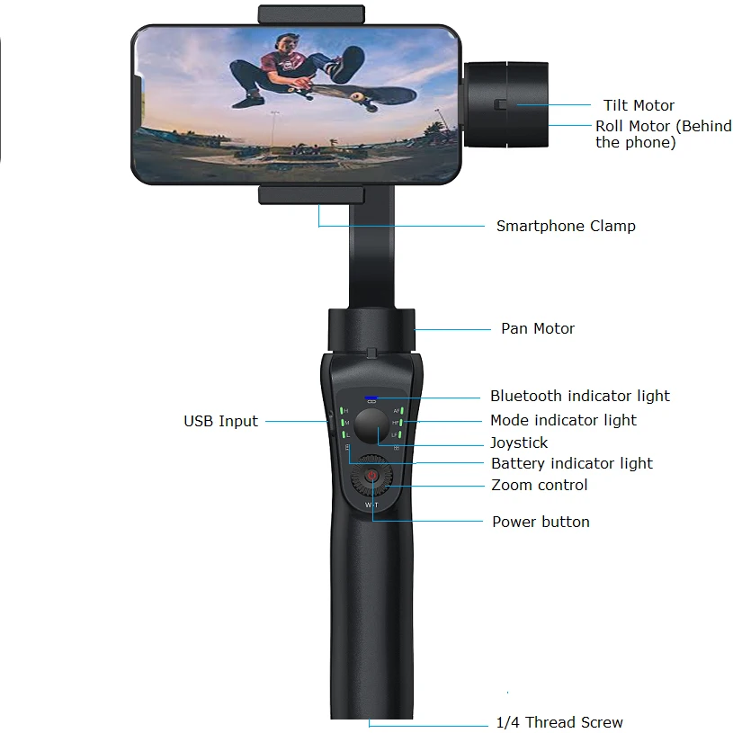 3 Axis Handheld Smartphone &action camera Gimbal Stabilizer, Zoom Capability