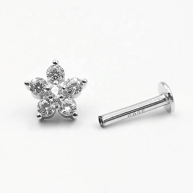 5pcs/lot 925 Silver Internally Thread Labret Lip Studs Rings CZ Ear Cartilage Tragus Helix Piercing  Body Jewelry 16G