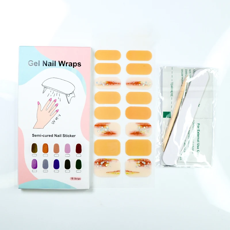 Wholesale Uv Gel Nail Wraps Luxury Uv Self Adhesive Gel False Nails Art Stickers Custom Semi Cured Gel Nail Sticker