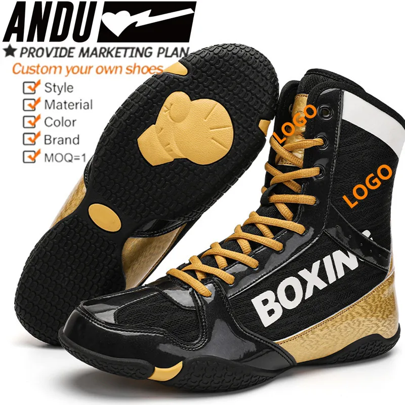 Size 36-46  Factory Made Professional Custom Leather Breathable Sport Boots High-top Boxing Shoes New Design Boxing Shoes