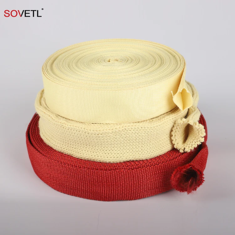 Aramid Tubular Webbing Hollow Sleeve Fire Proof Red Color  Heat Insulation Double Layer Woven Kevalrs Aramid Tubular  Webbing