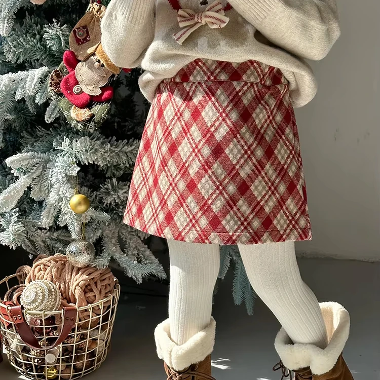 2024 New Children Girl Red Plaid A-line Skirt for Winter 2-9 Years
