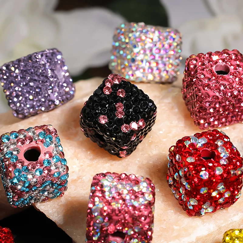 15mm Square Big Hole Rhinestone Clay Bead Handmade Full Diamond Clay Beads for Bracelet Making Accessories