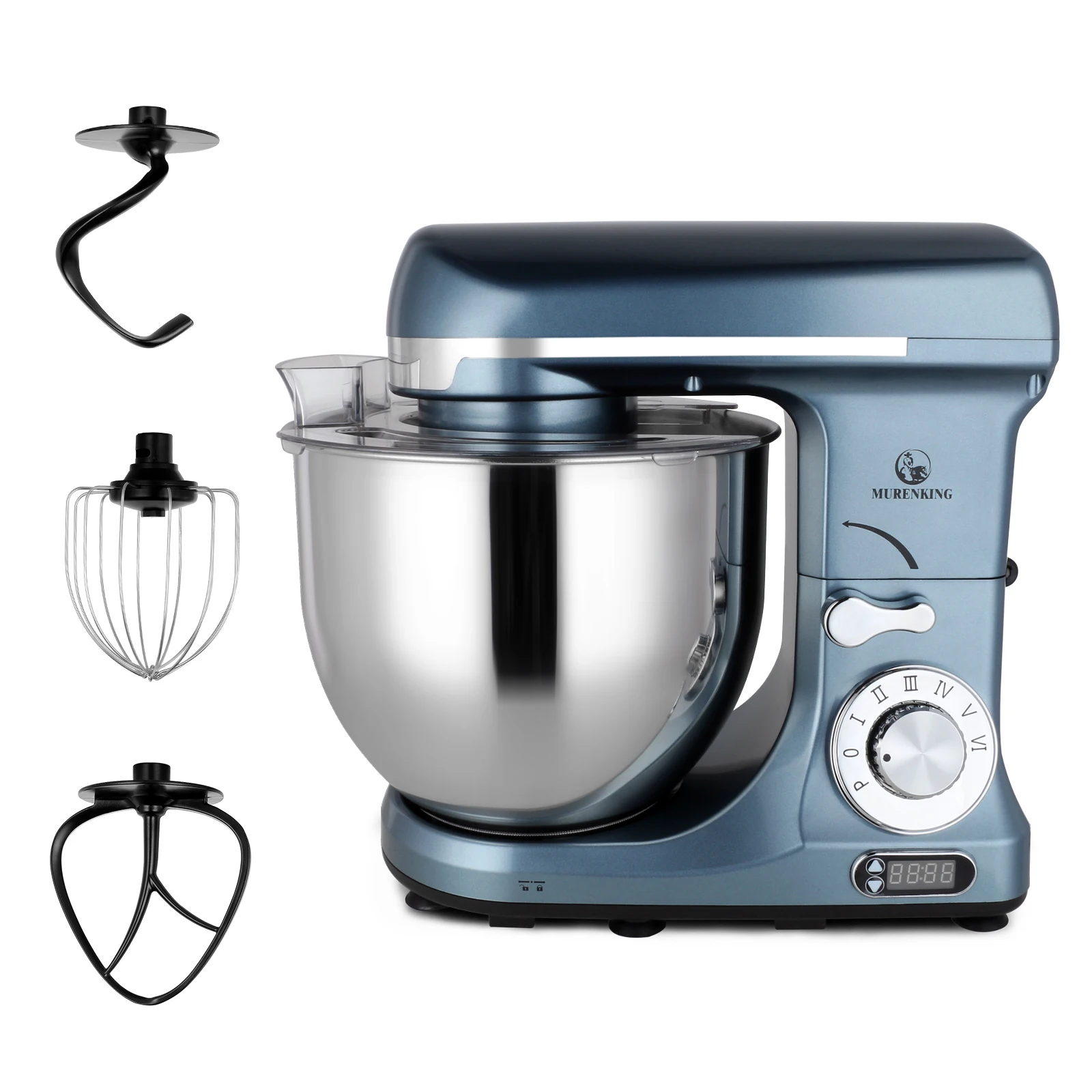 Electric Stand Mixer 6 Quarts Dough Hook Flat Beater Attachments Splash Guard 6 Speeds with Whisk Blue