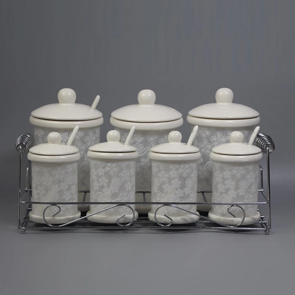 White Decal S/7  Glass jar with Metal Stand  Storage bottle Food Safe  with  Silicone Ring