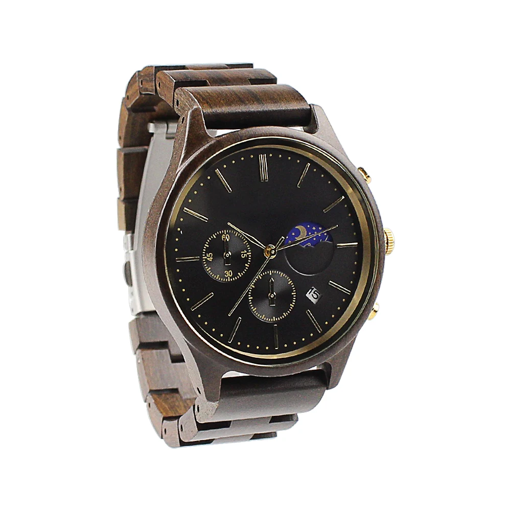 Best Gift Full Natural Walnut Wood Band Quartz Moon Phase Calendar Male Wristwatch Fashion Men Chronograph Wooden Watch