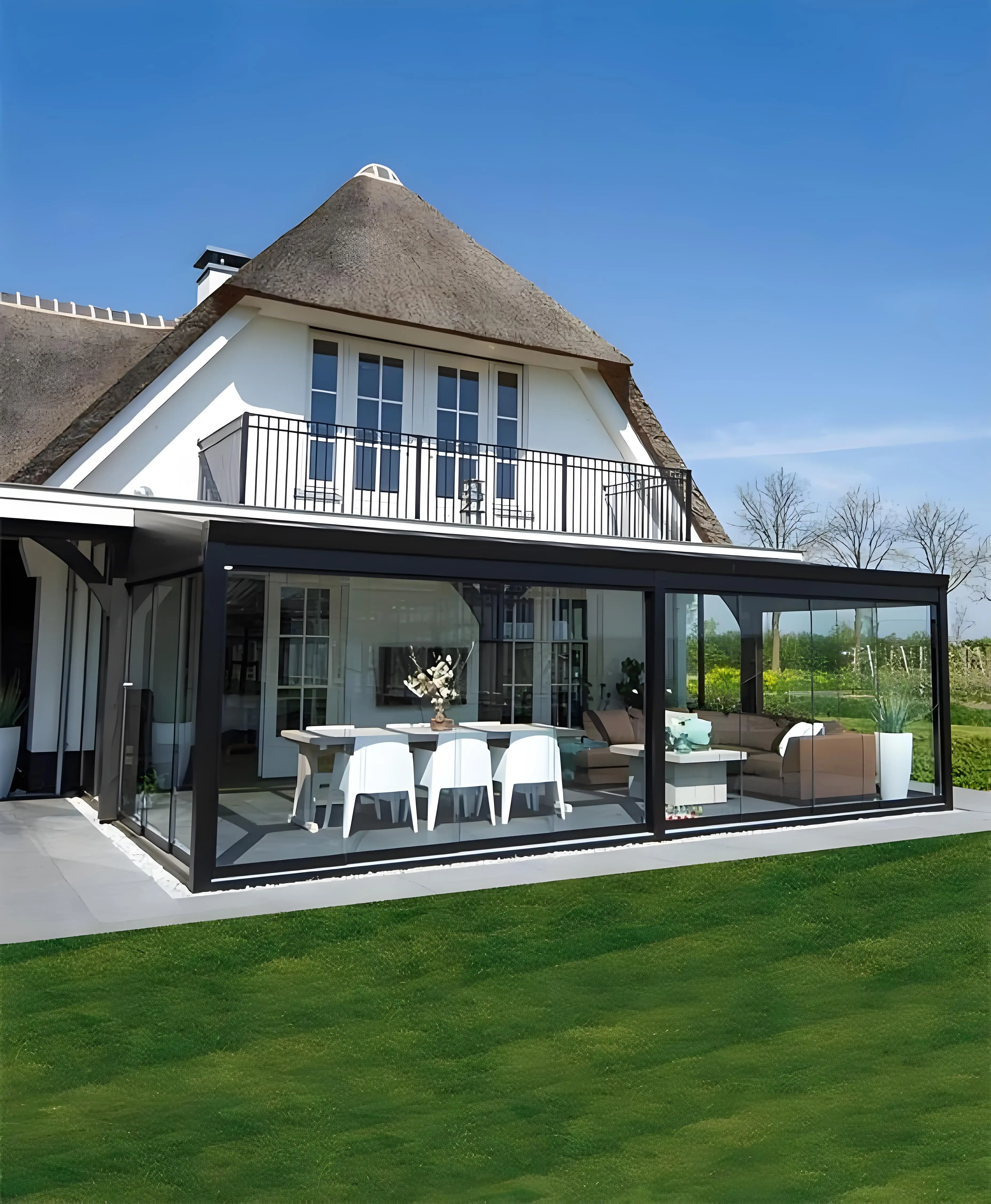 Custom Modern Outdoor Sunroom with Aluminum Frame Tempered Glass Roof Featuring Triangle Flat Slant Polygon Moldings
