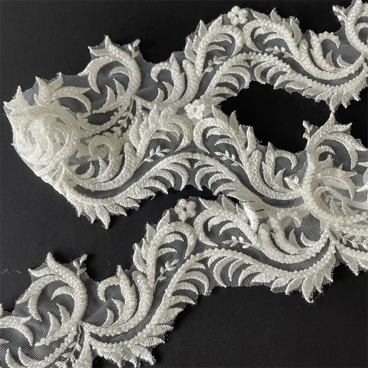 Factory Customized 9cm embroidery beaded border lace trim for wedding gown