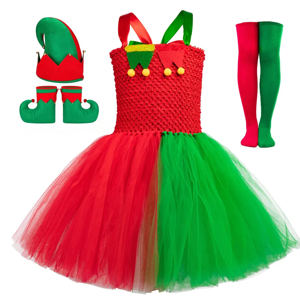 Wholesale 2-8Y Christmas Girls Kids Cosplay Birthday Party Girls Fancy Tutu Dress Xmas Green Elf Costume with Headband Socks