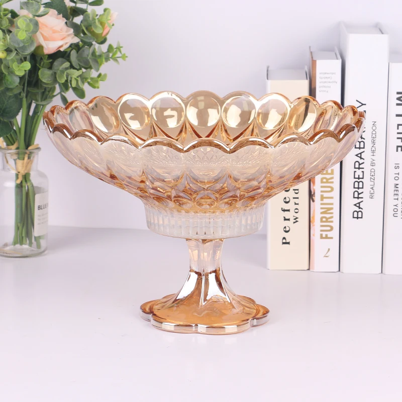 King crystal Glassware 31cm large footed glass bowl for fruit and dessert Amber large decorative bowl for home hotel use