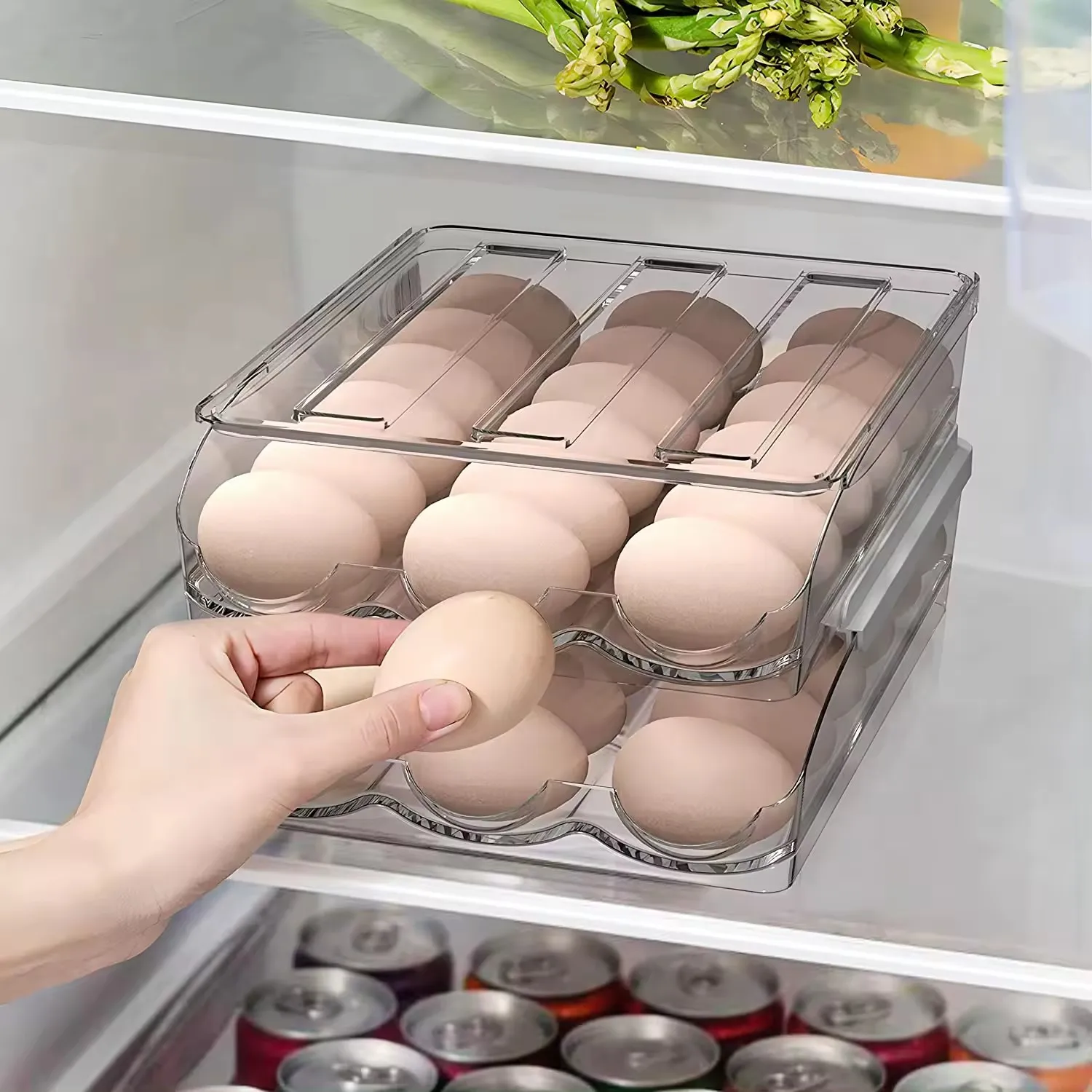 hot selling products  Large capacity egg holder for refrigerator multi-layer egg storage box self-rolling egg storage container