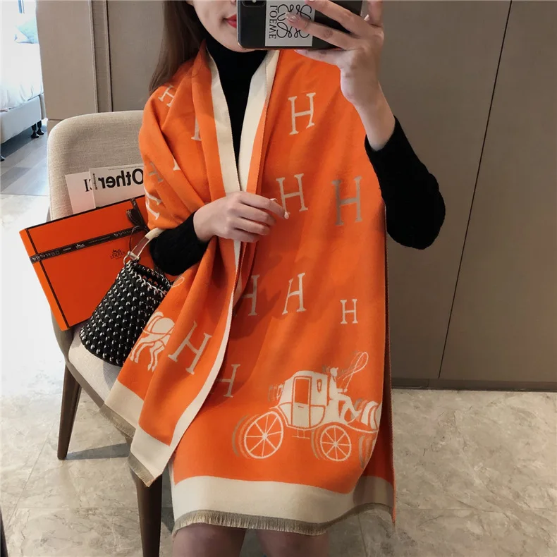 Large Warm Cashmere Winter Scarf Shawl High Quality Korea Jacquard Letter Carriage Gorgeous Scarf For Ladies
