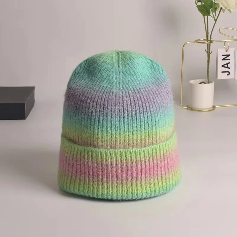 custom cute luxury warm knitted beanie blanks Winter cashmere bennie caps women gradient rainbow beanie hats with custom logo