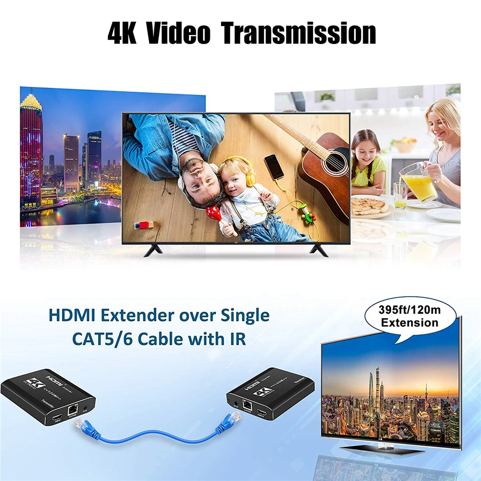 4K 3840x2160@30Hz HDMI Extender Transmitter Receiver Over Cat5e/Cat6 RJ45 Ports Loop 120m IR For PS4 HDTV