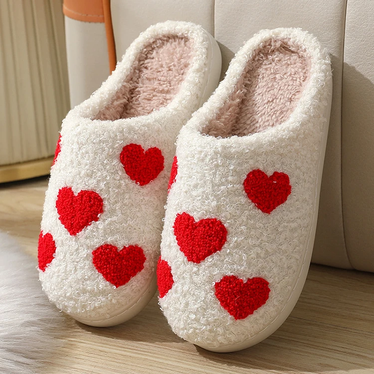 Embroidery Custom Cotton Warm Plush Fuzzy House Winter Home Smiley Face Slides Fluffy Fashion Fur Christmas Halloween Slippers