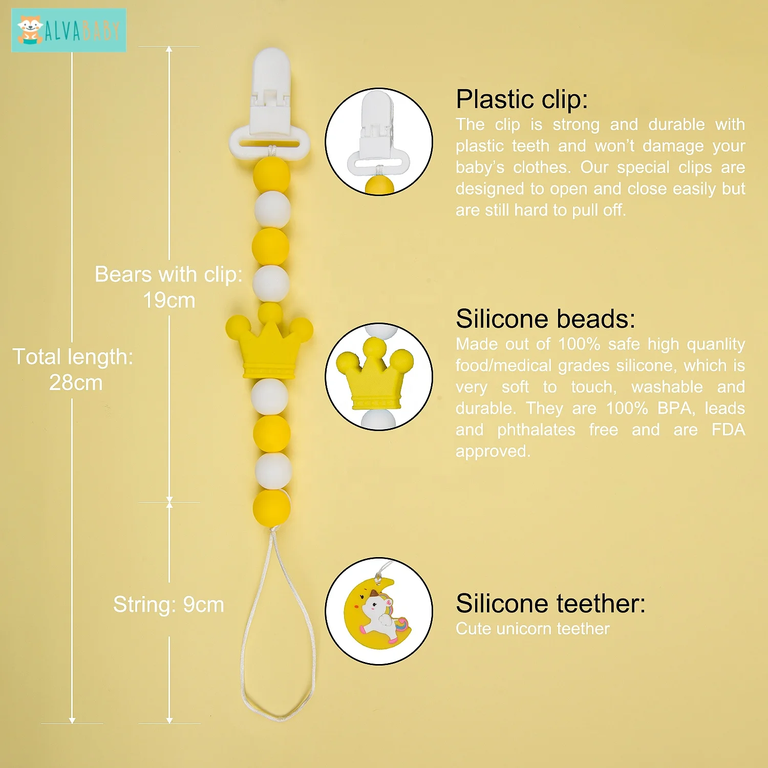 ALVABABY Silicone Pacifier Clip with Unicorn Teething Toy or Soother Holder Clip Baby Shower Gift