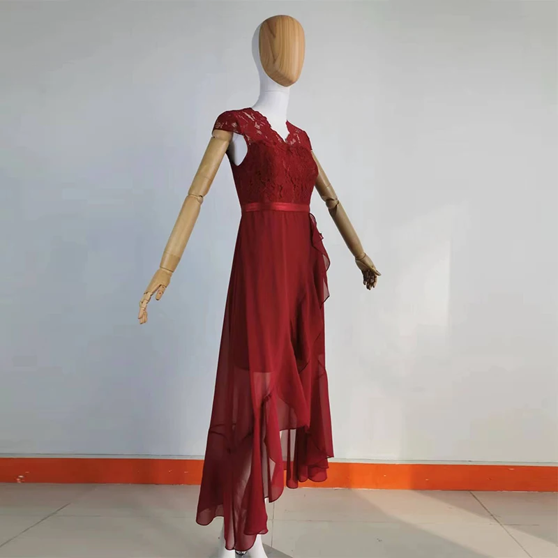 Factory Direct Sales Fashion Party Dress V-Neck Solid Color Short Sleeve Lace Mesh Long Dress