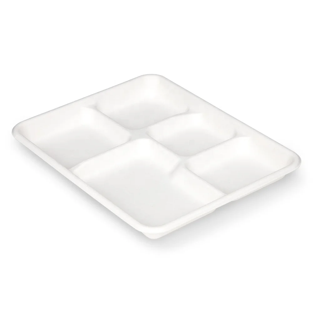 Wholesale Biodegradable Sugarcane Pulp White Rectangular Food Paper Tray Compartment Disposable Food Tray Tray For Food