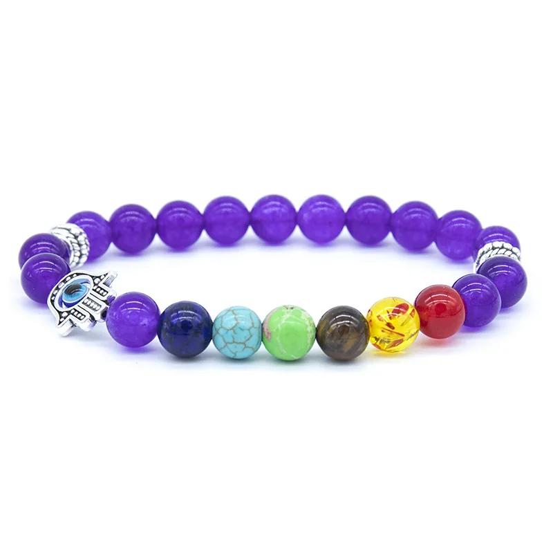 2022 New Arrival Natural Stone Hand Of Fatima Chakra Bracelet Coloful Lava Crystals Healing Stone Beaded Evil Eye Bracelet
