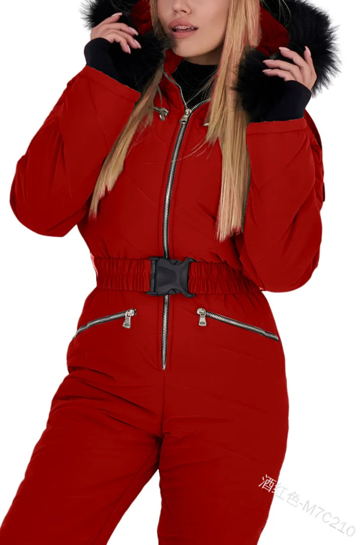 Winter warm woman fashion ski suit jacket hoodie outdoor sports jumpsuit zipper ski suit clothes