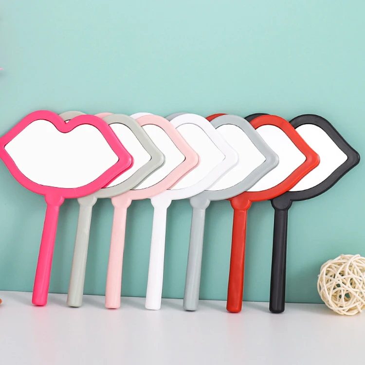 Custom Logo Salon Hairdresser Lips-Shaped Handheld Portable Cosmetic Vanity Makeup Hand Held Mirror With Handle