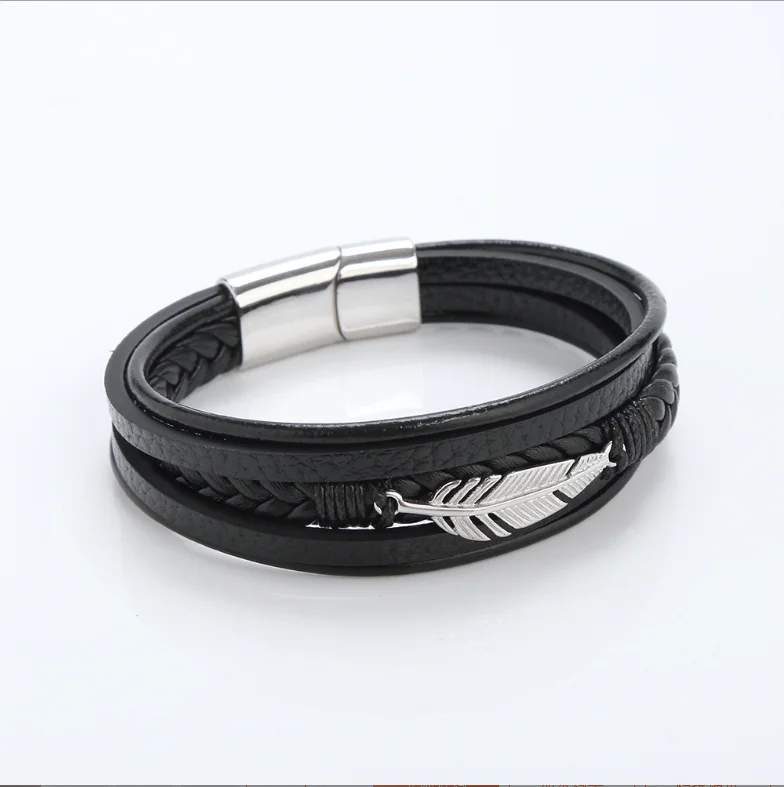 wholesale stainless steel and leather bracelet for men multi-leather and feather magnet bracelet fashion jewelry for men