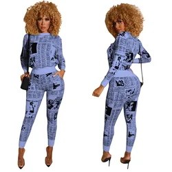 Best Price Set Suits Ladies Newspaper Print Sweatshirt High Waist Sweatpants Pencil Pants Fashion Sweatsuit Women Sets