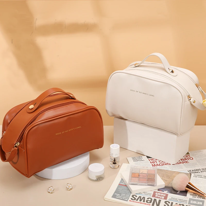 2024 Custom Private Label Waterproof Pink Soft Pu Leather Portable Make Up Cosmetic Makeup Bag Pouch Travel Organizer Bags Case