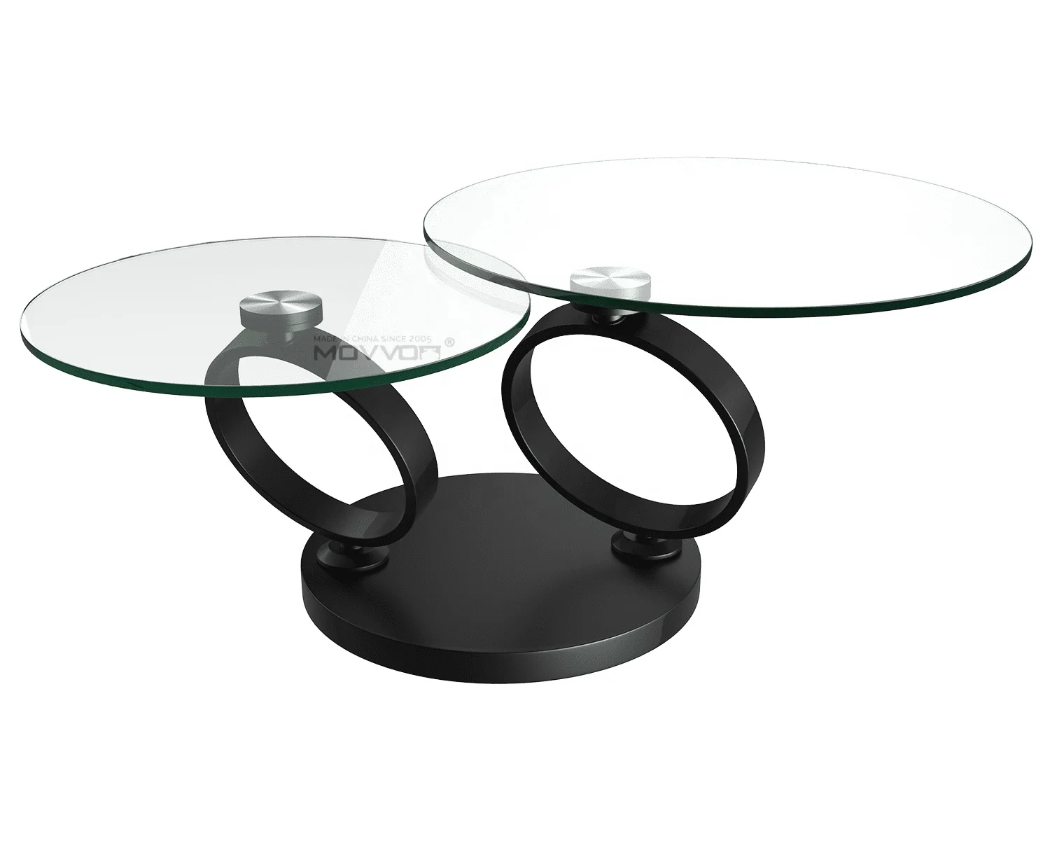 Best selling promotional swivel round glass top chromed silver ring coffee table rotary