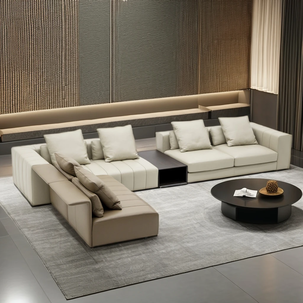 Italian Premium Beige Leather Chesterfield Sectional Sofa Set Minimalist Modular with Corner Feature Living Room