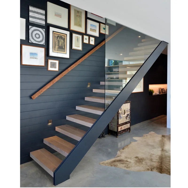 Modern Home Floating Stairs Decoration staircase design wooden treads and 12mm  Glass Railing