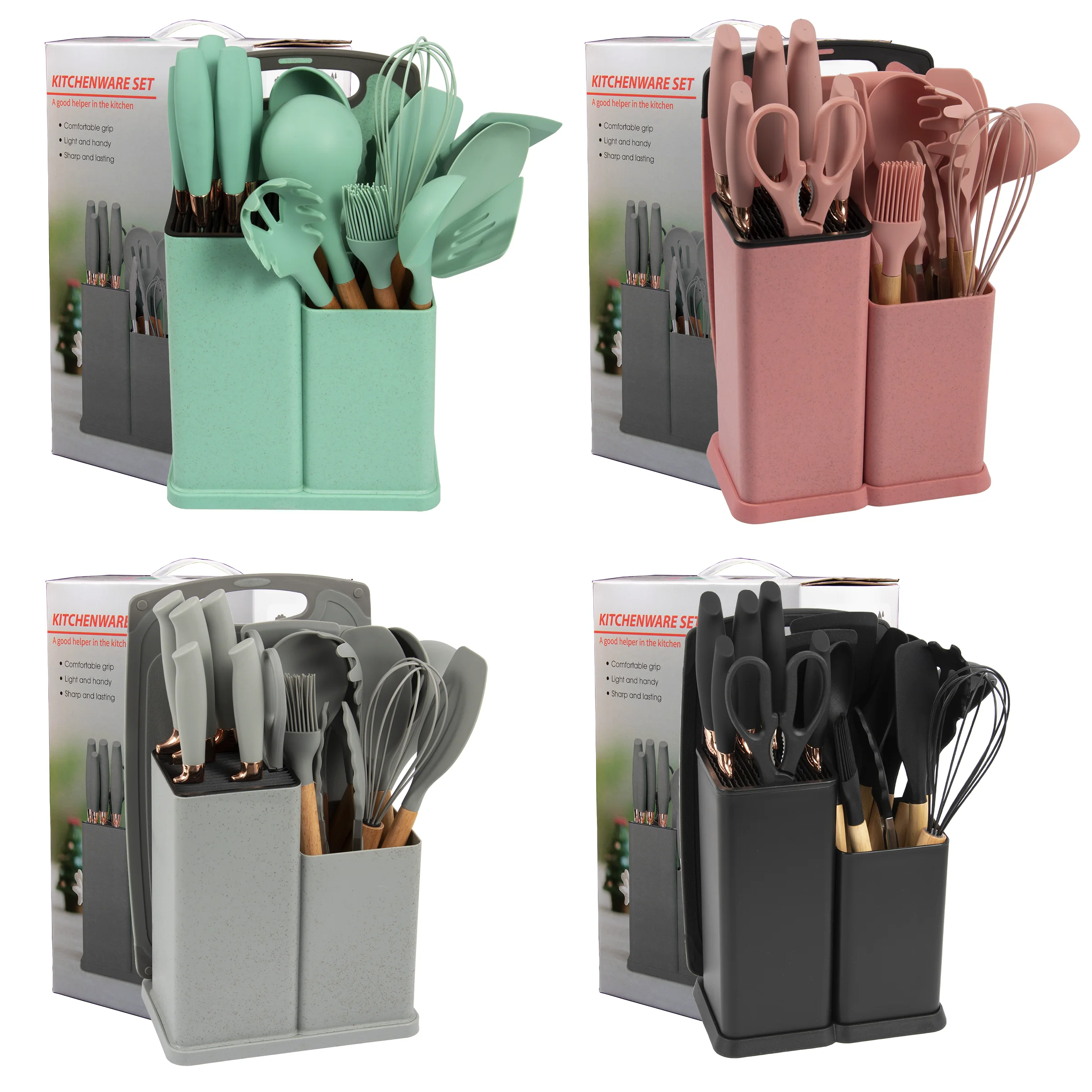 Custom Logo 19-piece Set of Silica Gel Kitchen Wooden Handle and Cuttings Board Storage Bucket Kitchen Gadget Utensil Set