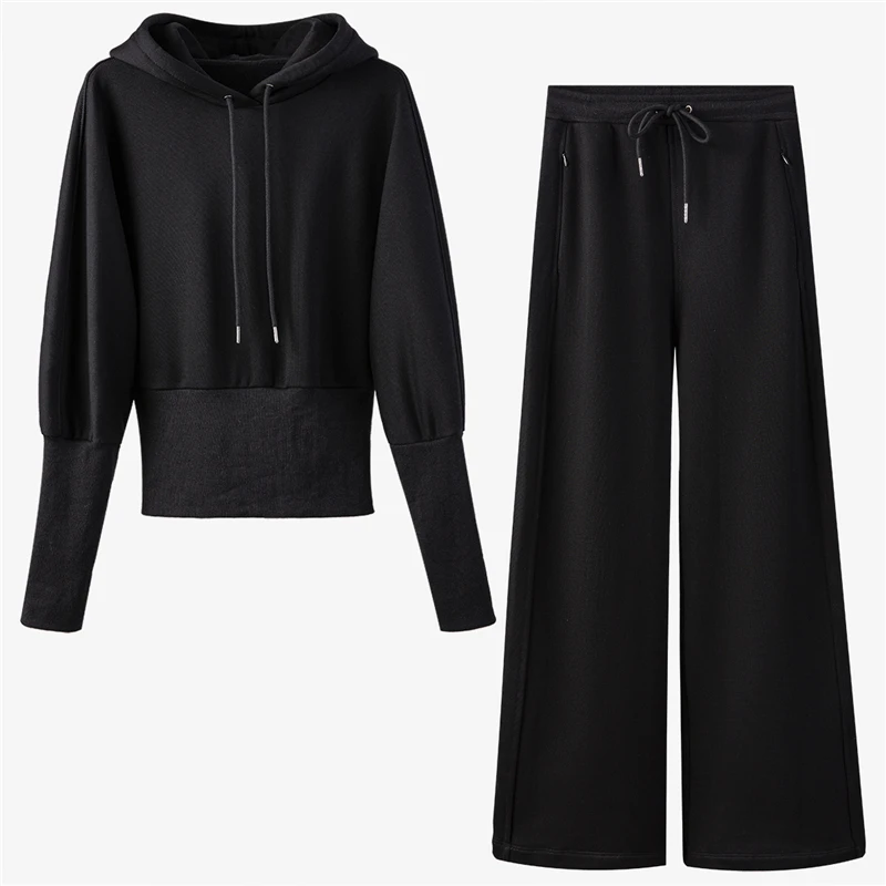
Custom rib cotton drawstring hooded waist slimming sweater coat + leisure sports wide-leg pants suit sportswear 