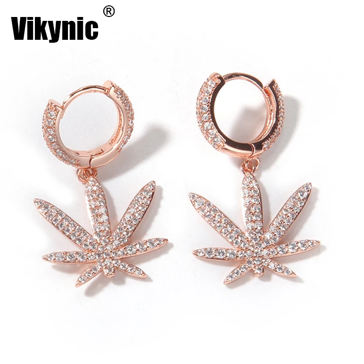 Hot Sale New Full Diamond Hip Hop Piercing jewelry 18k gold plating iced zircon maple leaf earrings
